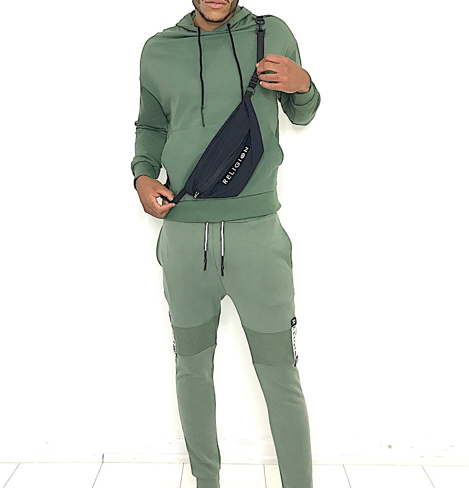 Man Pouch Hoody and Fit joggers Tracksuit Army Green - Brit Boss 