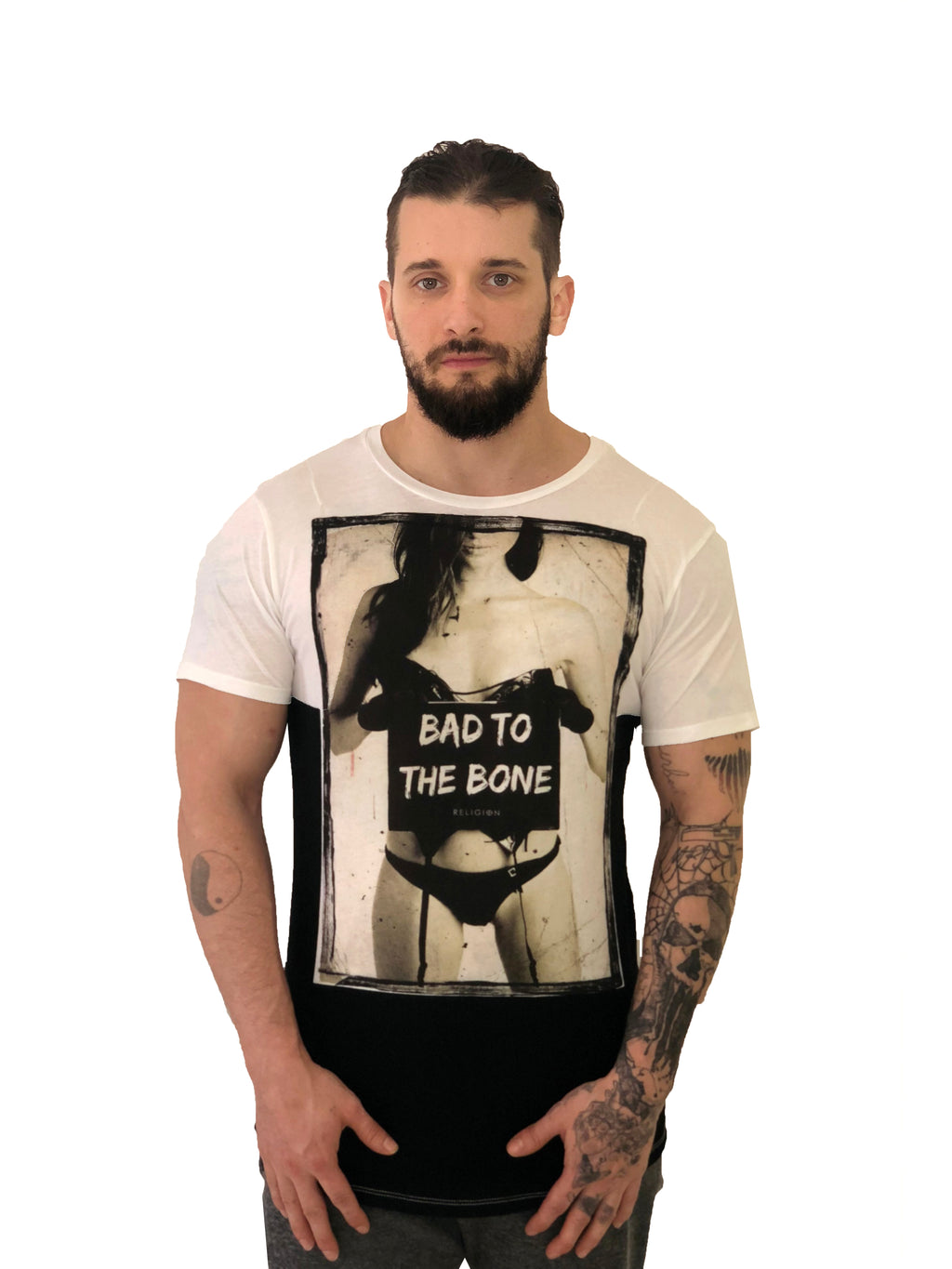 Men T-Shirt "Bad to the Bone" Graphic Two Toned by Religion U.K. - Brit Boss 
